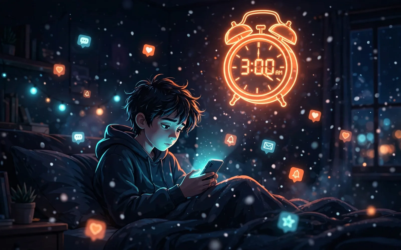 Illustrated stylized teenager in a dark bedroom at night holding a glowing smartphone, with a neon alarm clock showing 3:00 AM and floating notification icons.