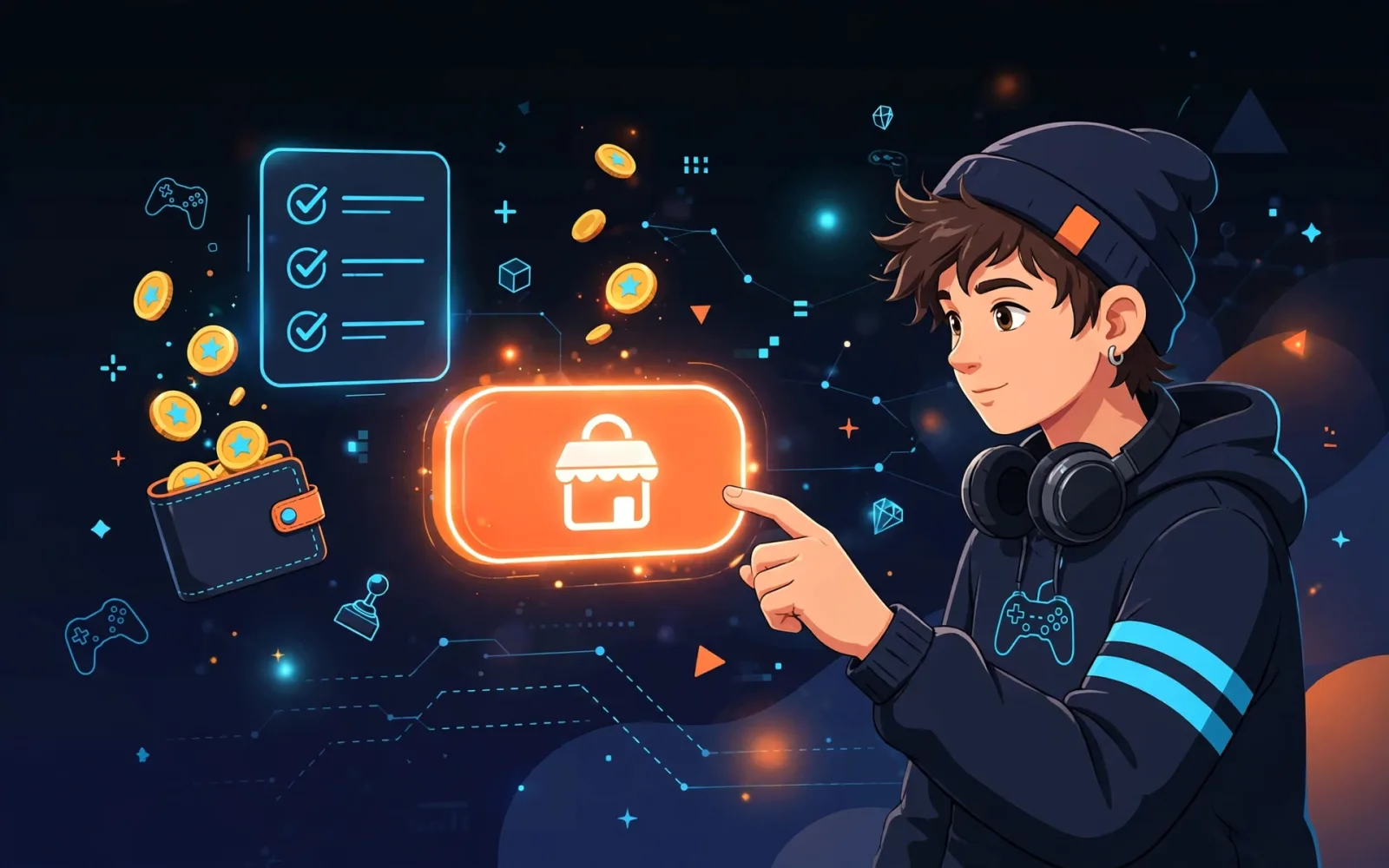 A stylised illustrated teenage gamer pausing before tapping an in-game shop button, with a wallet and checklist beside them, in navy, orange and cyan brand colours.
