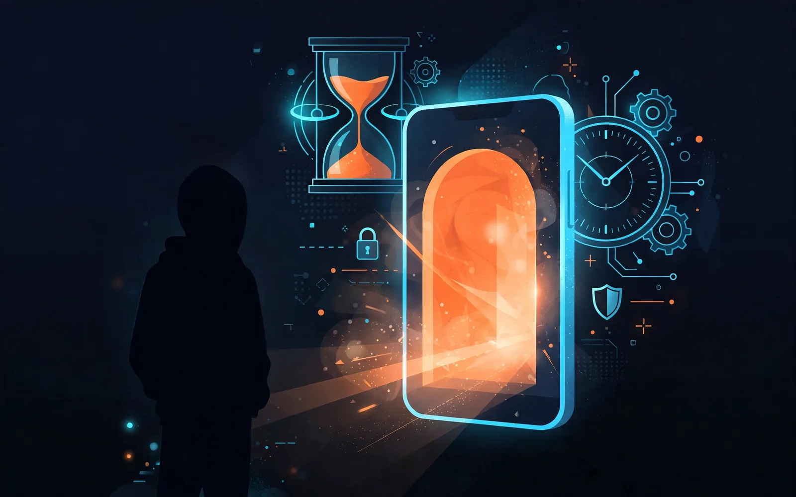 Stylised illustration of a teen silhouette facing a glowing smartphone doorway with an hourglass, symbolising the age decision for joining social media.