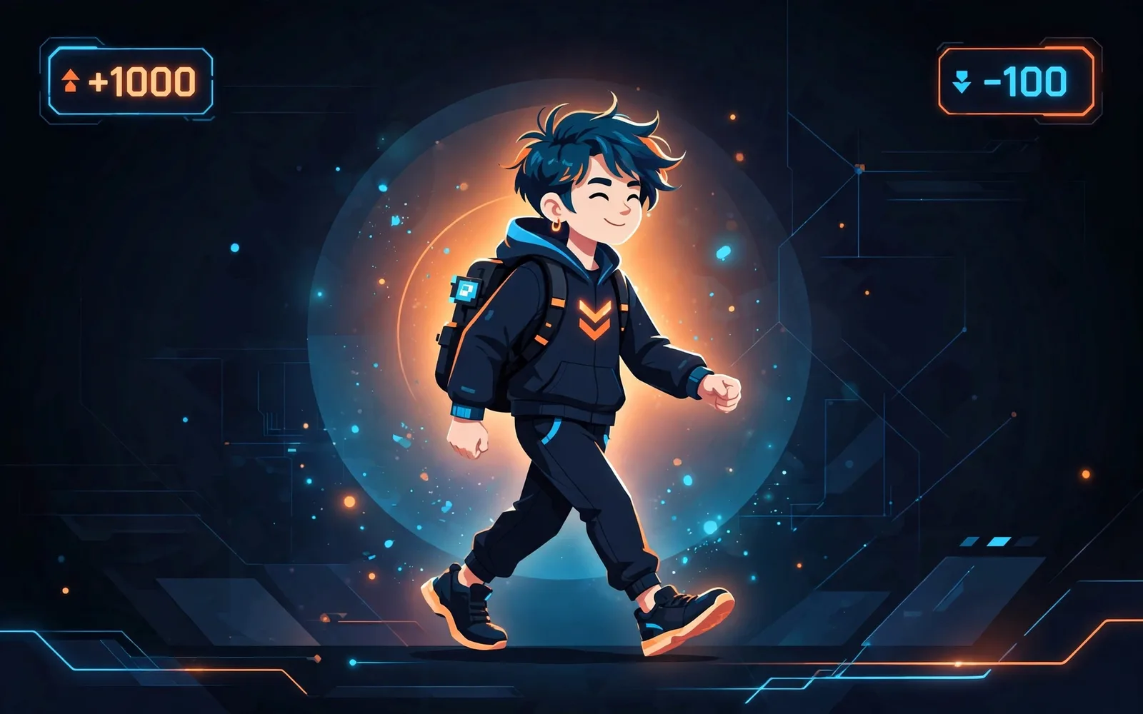 Stylised illustration of a confident cartoon teenager with a glowing aura and a playful video-game scoreboard awarding plus and minus aura points, in navy, orange and cyan brand colours.