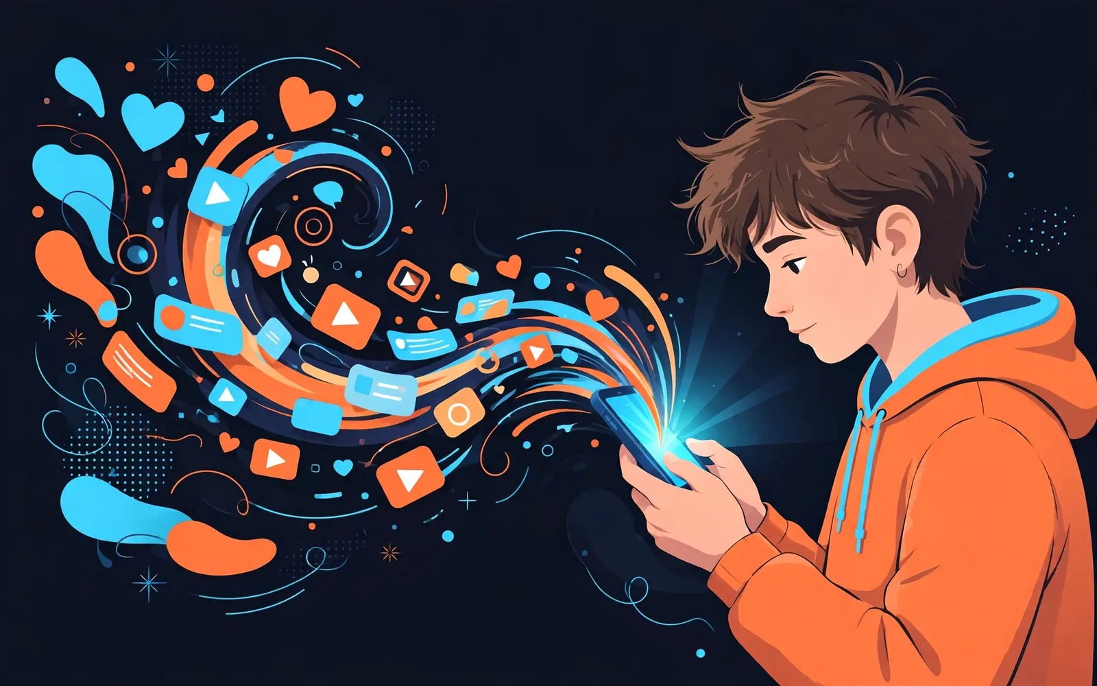 A stylised illustration of a teen looking at a phone as a swirling stream of feed cards, hearts, and play buttons flows from the screen.