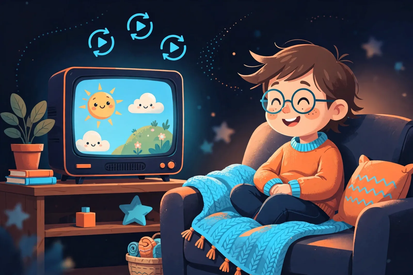 A stylised illustration of a happy child on a sofa rewatching a favourite cartoon on television, with replay symbols above the screen.