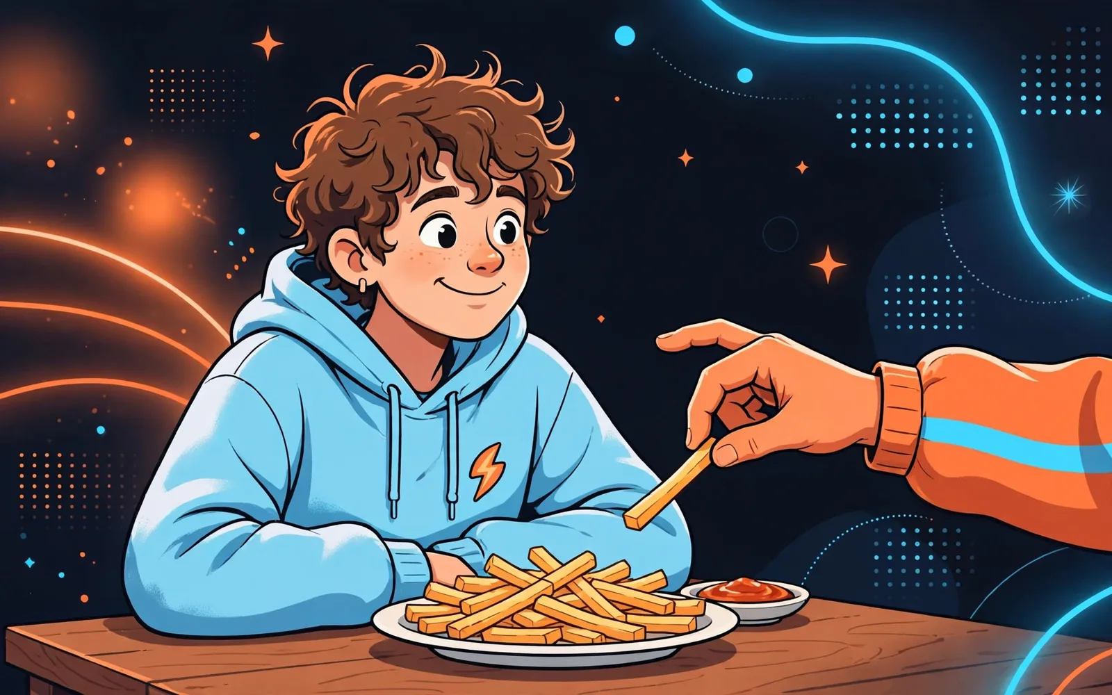 Stylized navy-and-orange illustration of a cartoon teenager sharing fries with a playful hand reaching for one.