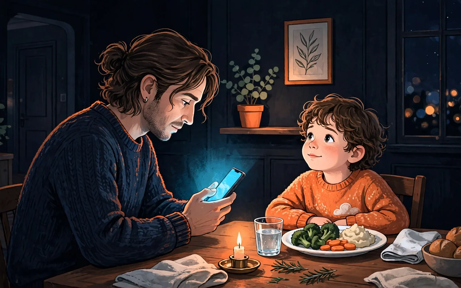 A stylised illustration of a parent looking at a glowing phone at the dinner table while a young child looks up hopefully beside them.