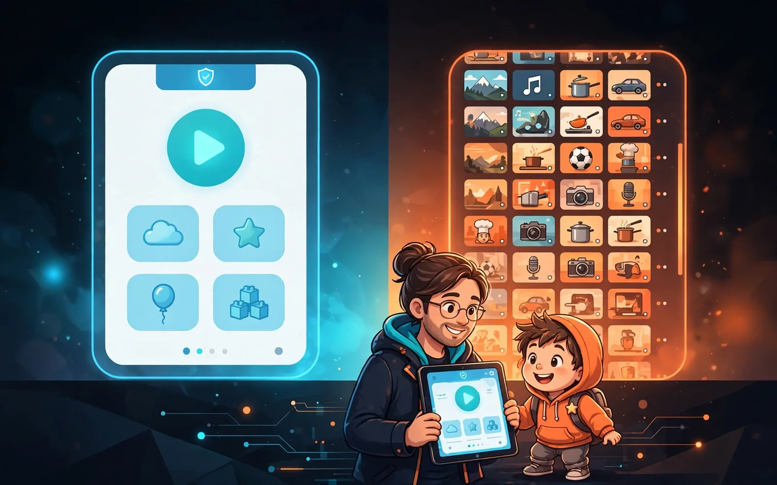 Split illustration of a safe kids video app beside a busy open video platform, with an animated parent and child characters in brand colors.
